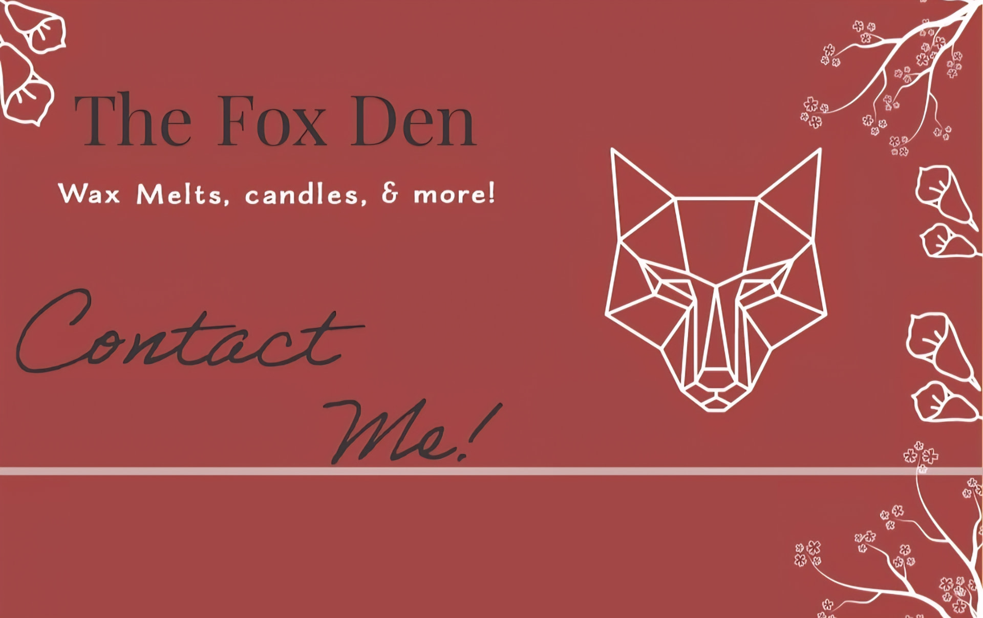 The Fox Den business card with wordmark, tagline, fox mark, and botanical line illustrations