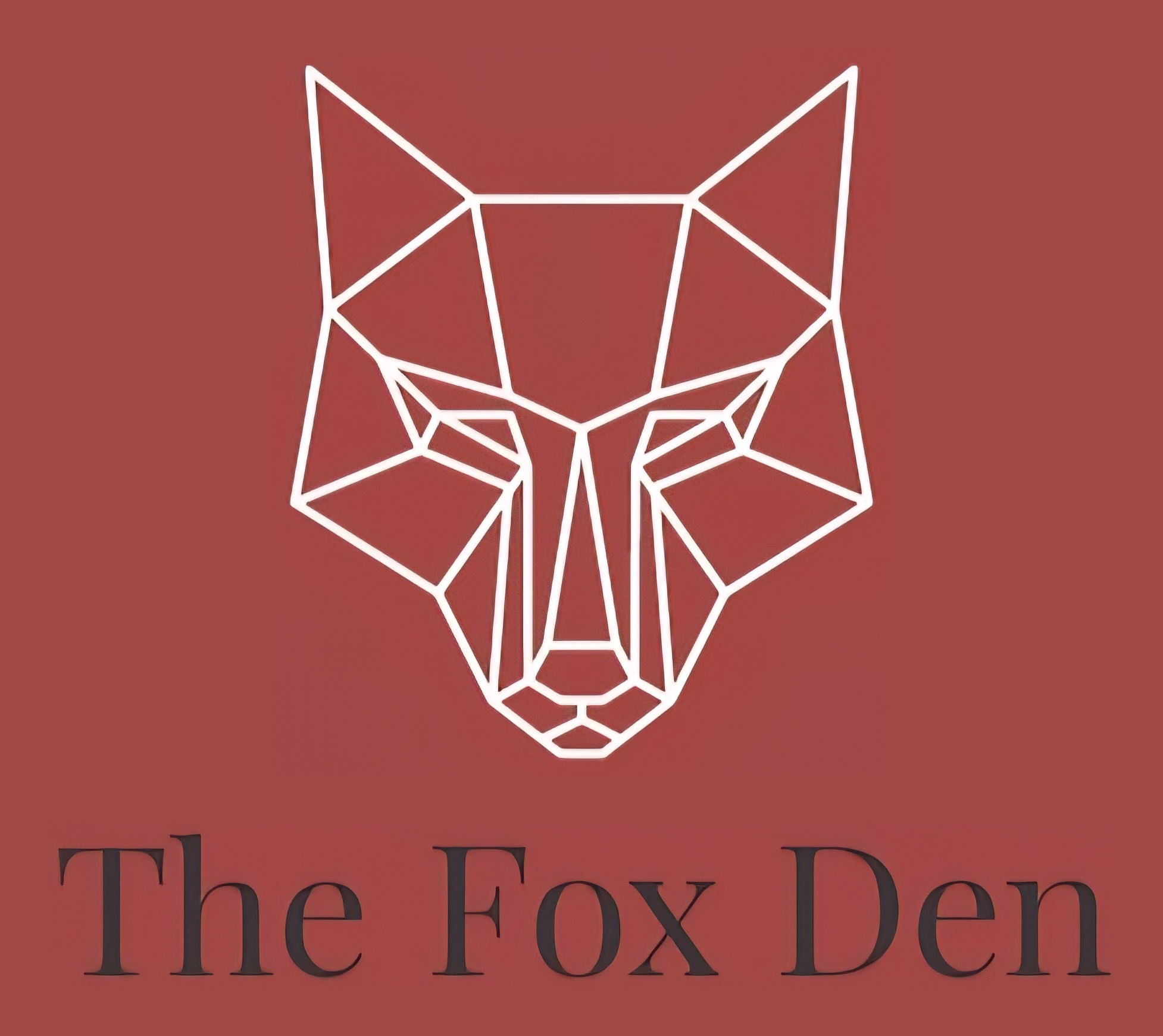 The Fox Den geometric line-art fox mark above a serif wordmark on a clay-red field