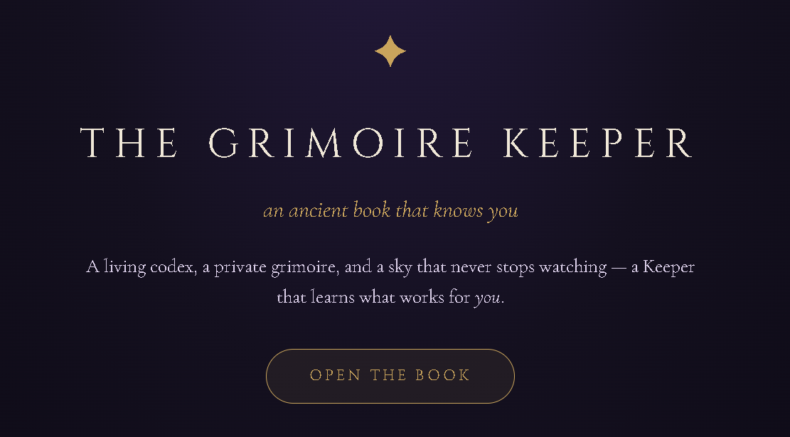 The Grimoire Keeper opening screen — an ancient book that knows you