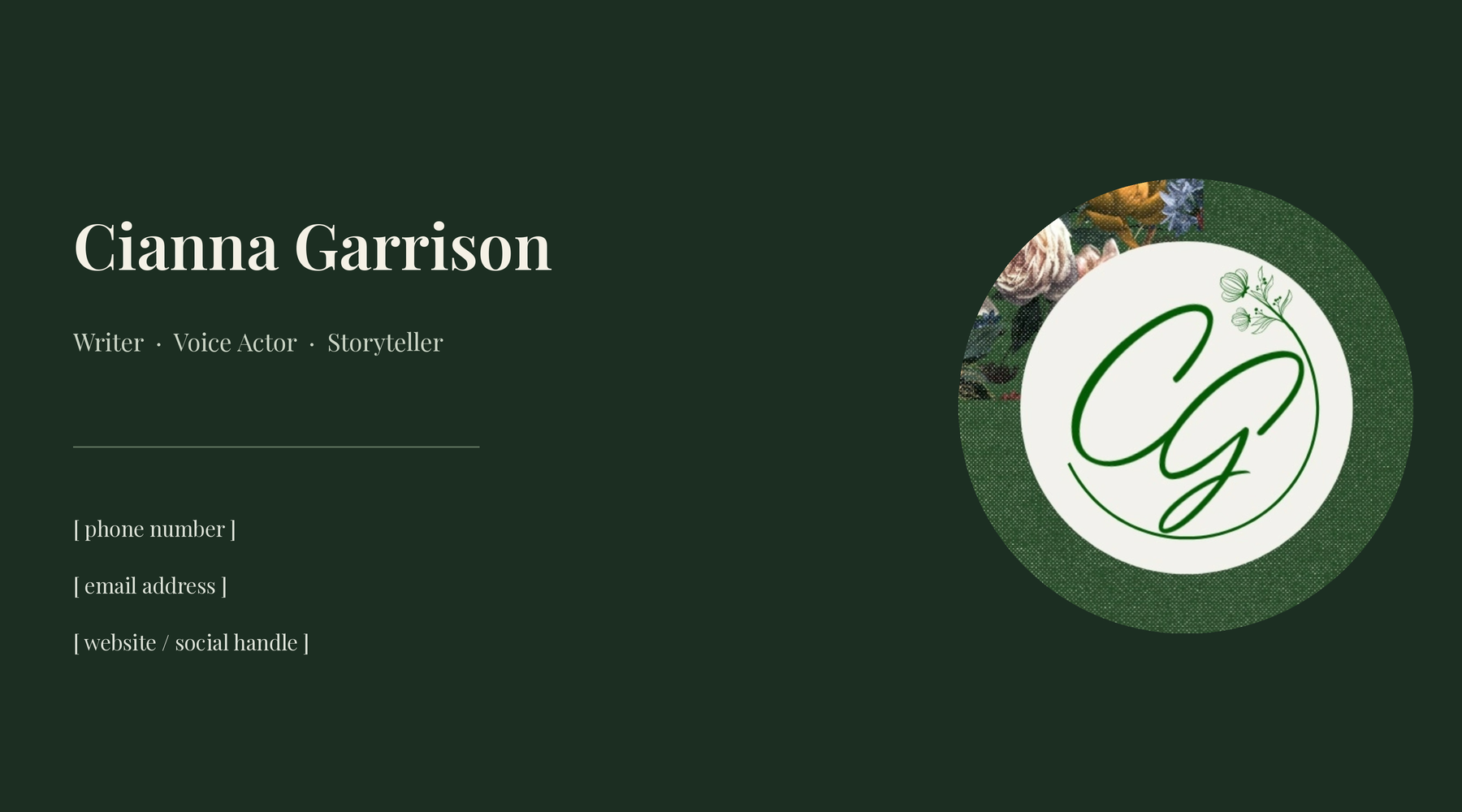 Cianna Garrison business card pairing the CG monogram with name, roles, and contact details