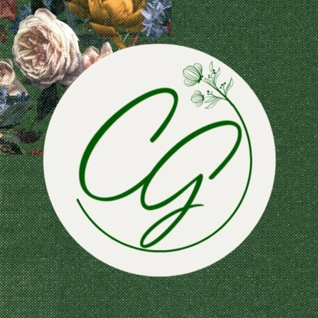 Circular CG script monogram with botanical line art on a forest-green textured field